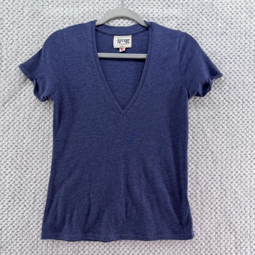 Nation LTD Top Womens XS Blue Tee Shirt V-Neck Short Sleeve Basic Casual